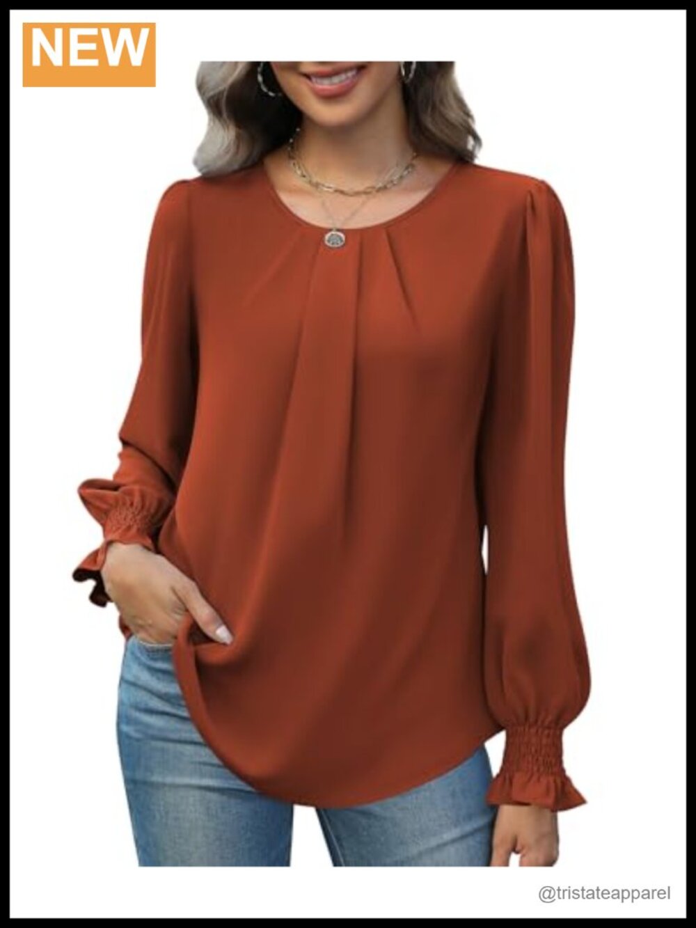 Womens Chiffon Blouse Smocked Long Sleeve Crew Neck Loose Tunic Work Top